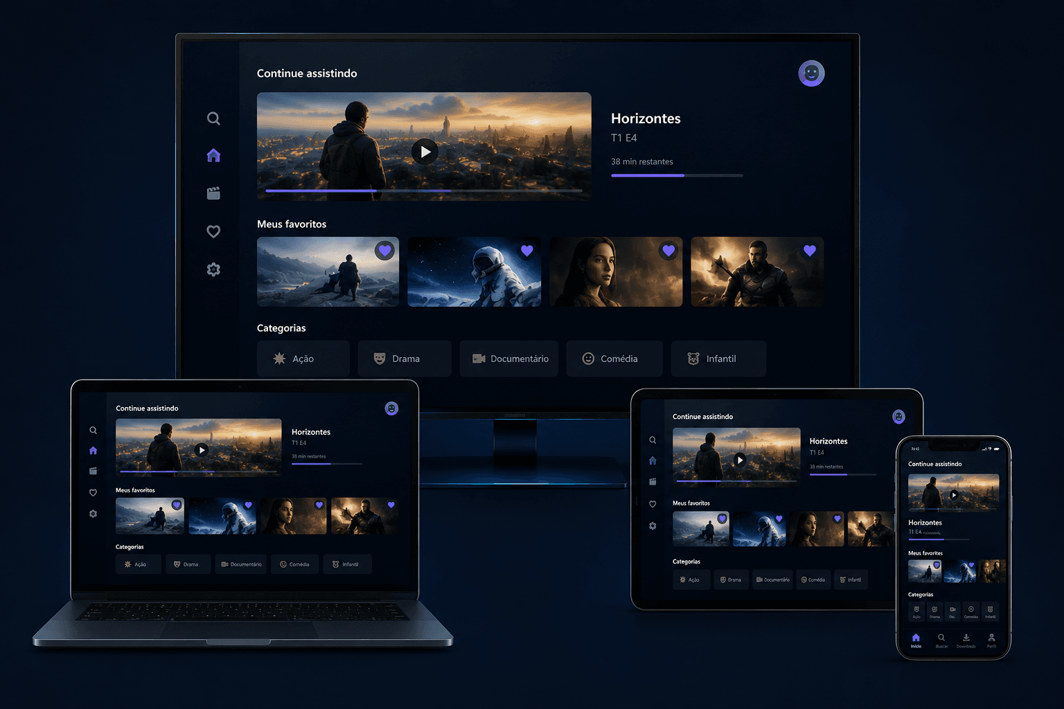 Interface em múltiplos dispositivos com reprodução contínua, favoritos e catálogo organizado